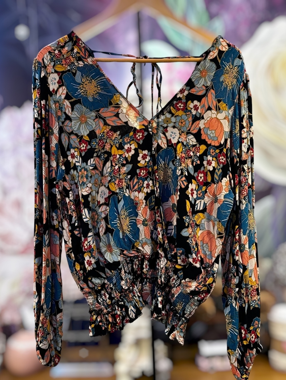Angie XL Boho Floral Crop Blouse Smocked Waist Balloon Sleeve Cottagecore Black